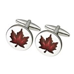 Round Red Maple Leaf Steel Cufflinks - SC85 Round Red Maple Leaf Steel Cufflinks - SC85